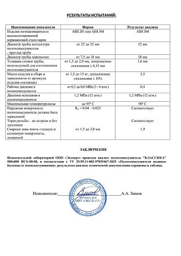 Протокол испытаний полотенцесушитель "КЛАССИКА"